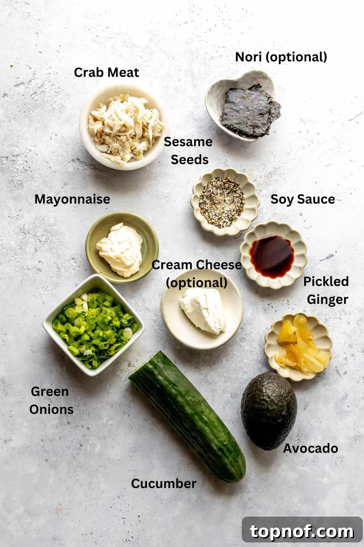 California Roll Cucumber Slaw 3 Ingredients needed to make this recipe on a counter top.