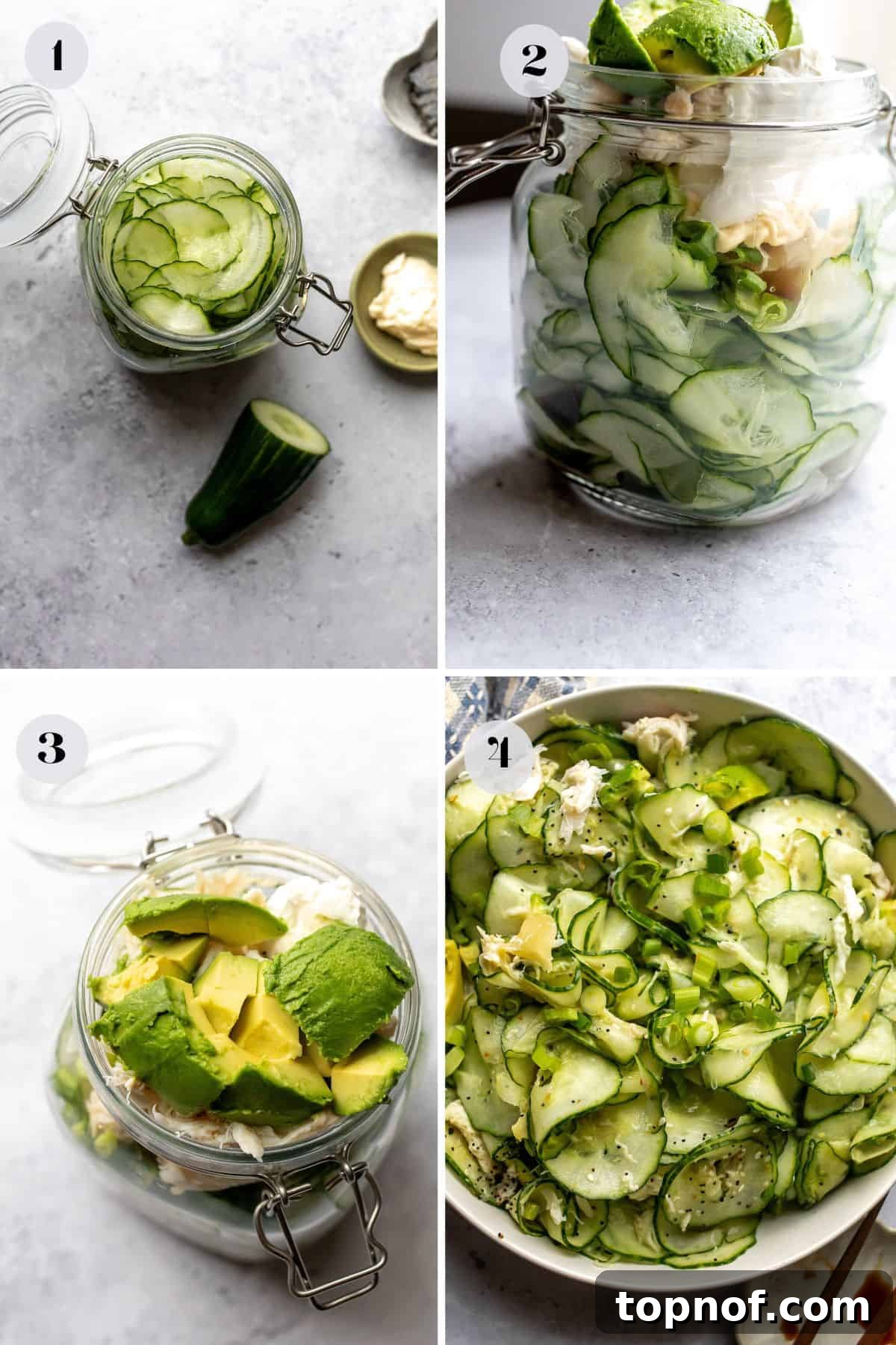 California Roll Cucumber Slaw 4 Steps to make this recipe in a large jar and a white bowl.