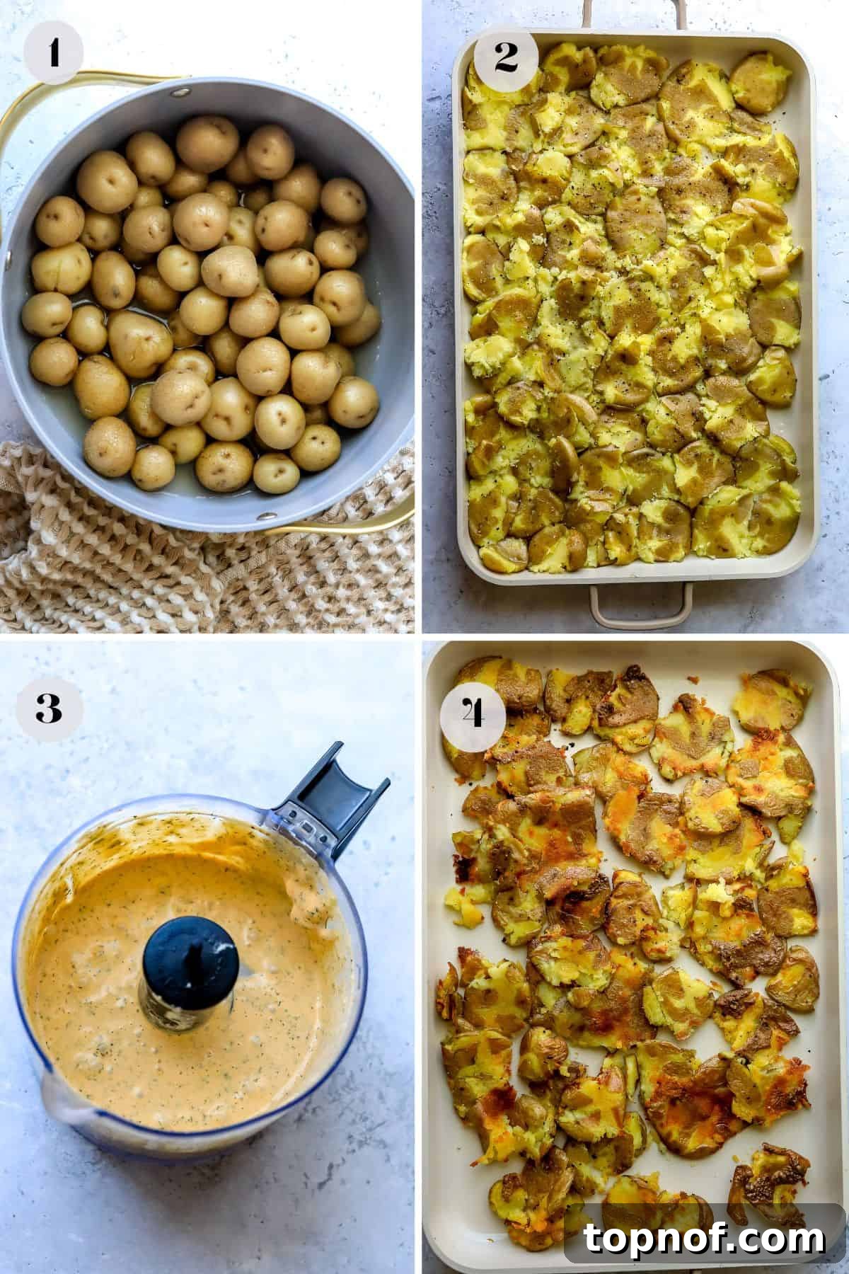 Buffalo Smashed Spud Salad 4 Boiled and drained small yellow potatoes on a baking sheet, gently smashed and lightly oiled, ready to be roasted to perfection.