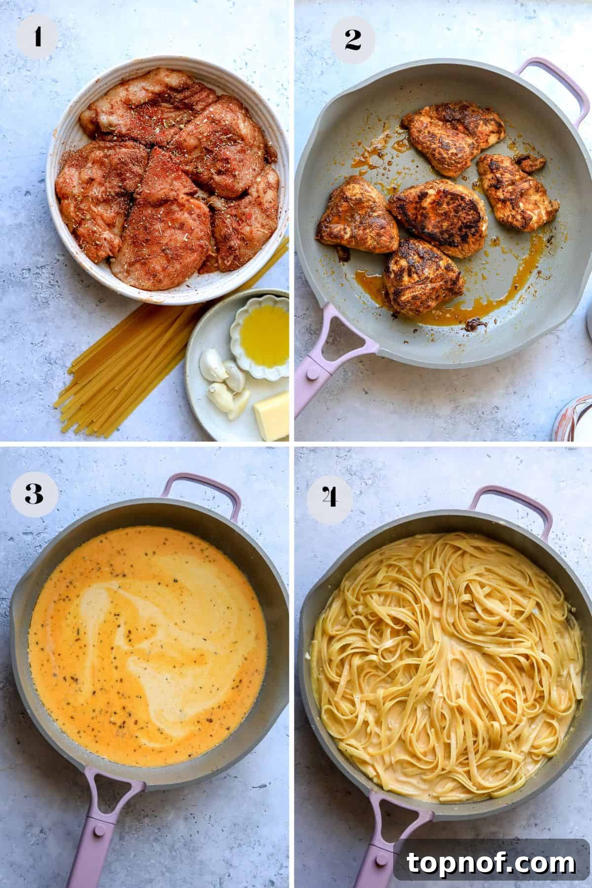 Cajun Spiced Chicken Fettuccine Alfredo 4 Steps to make this recipe in a pink skillet with noodles and sauce.