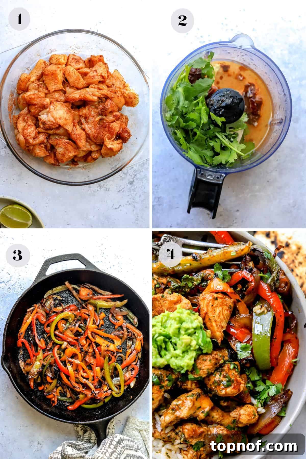 A series of images showing the preparation steps for chicken fajita bowls, from slicing vegetables to cooking chicken in a skillet.