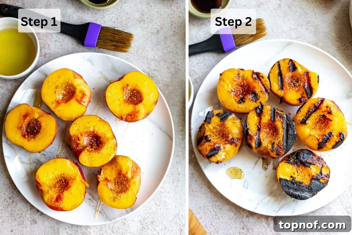 Golden Grilled Peach and Creamy Burrata Salad 4 Two white plates showing peaches brushed with olive oil before grilling and then after grilling with distinct char marks.