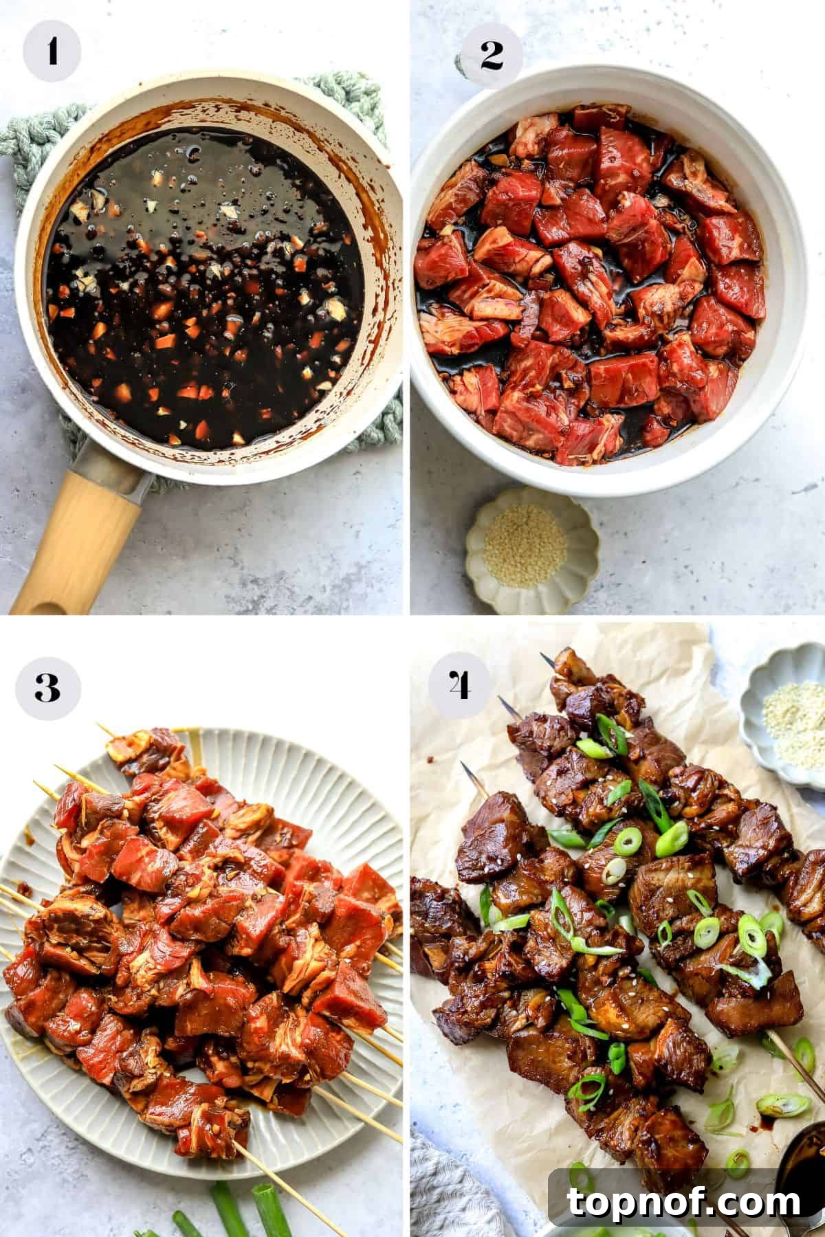 Aromatic Garlic Ginger Beef Skewers 4 Close-up view of raw steak cubes threaded onto skewers, ready for grilling, showcasing careful preparation.