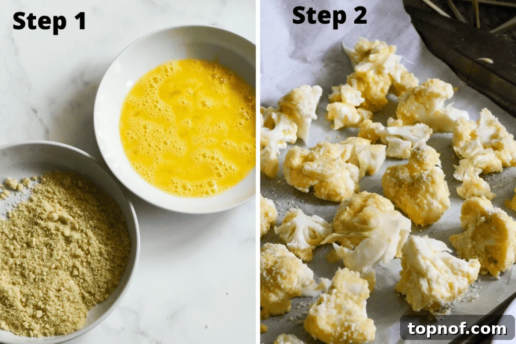Step 1 and Step 2 for this BBQ Cauliflower Wings, showing bowls for egg wash and flour mix, and coated cauliflower on a baking sheet
