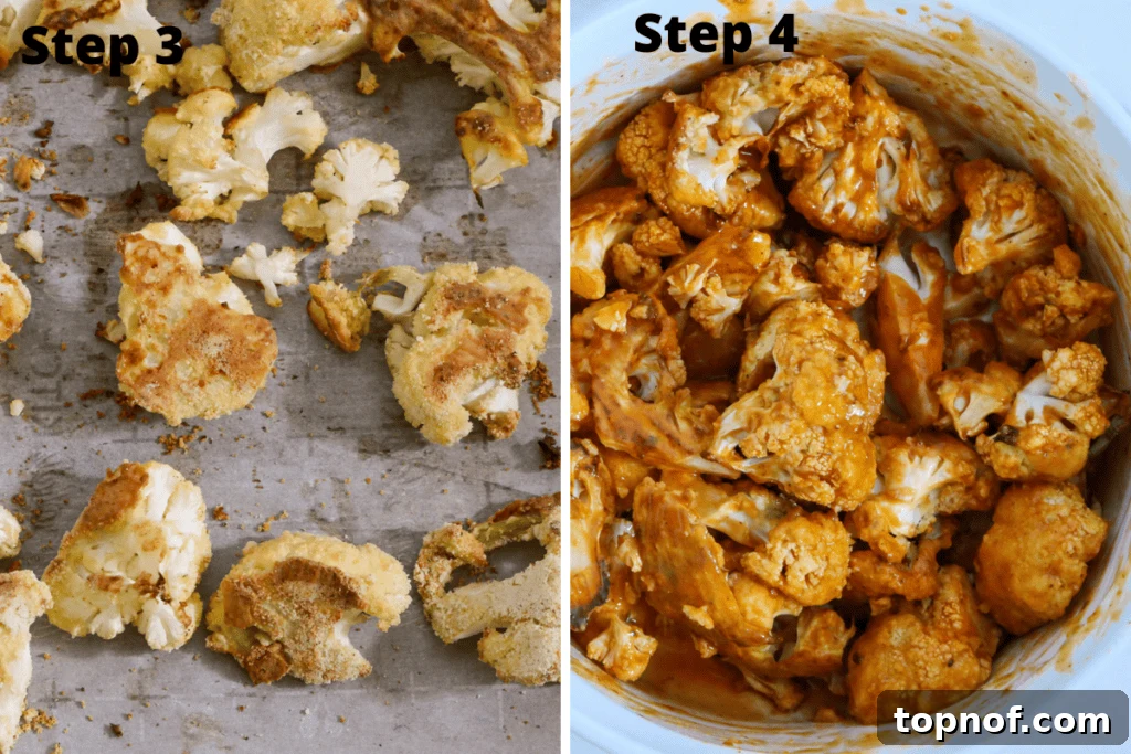 Step 3 and Step 4 for this BBQ Cauliflower Wings, showing baked cauliflower and then tossed in BBQ sauce
