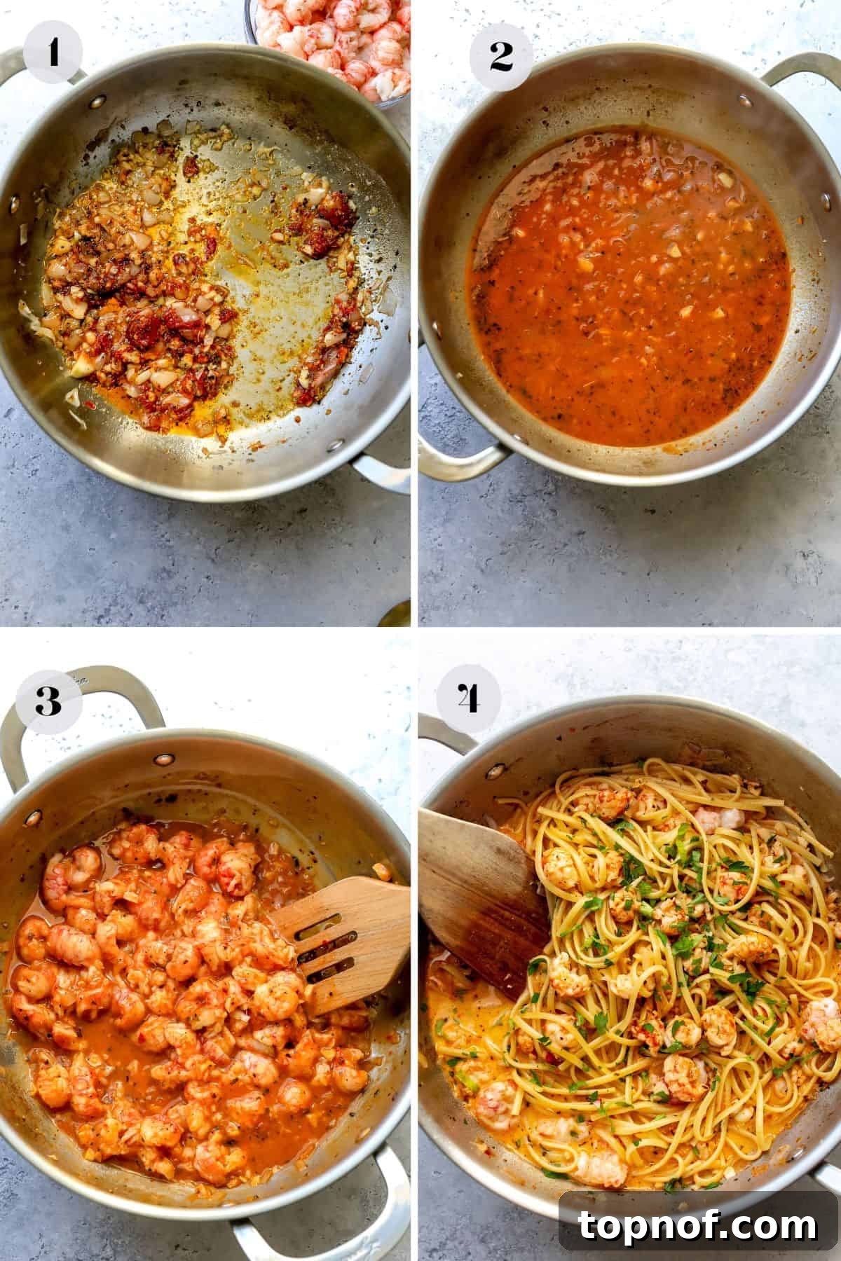 A stainless steel skillet with an aromatic mixture of shallots, garlic, and tomato paste gently sautéing, forming the rich base for the creamy lobster pasta sauce.