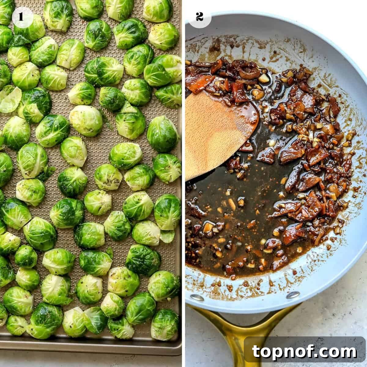 Preparation steps for roasting Brussels sprouts on a baking sheet and a pan for sauce.