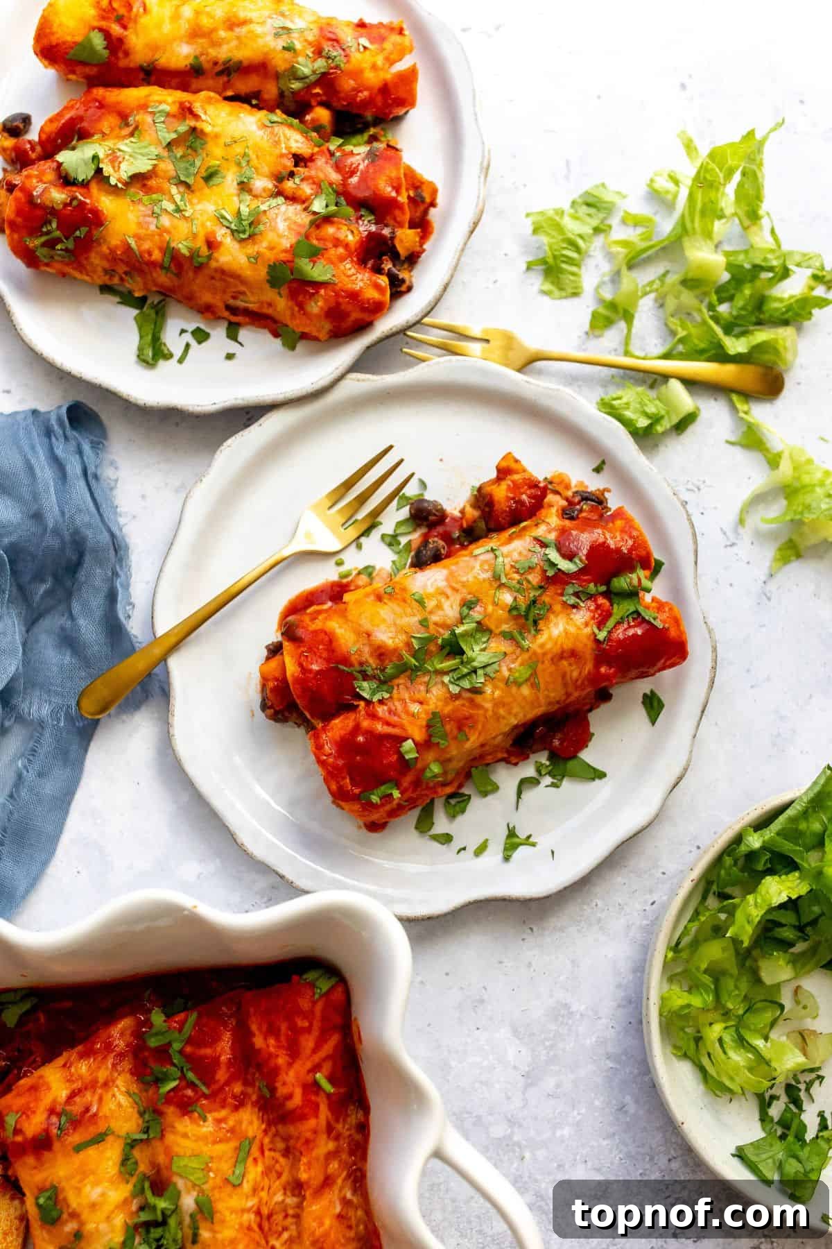 Smoky Butternut Squash Enchiladas 2 Vibrantly plated vegetarian enchiladas, golden brown and garnished, ready to be enjoyed with a elegant gold fork.