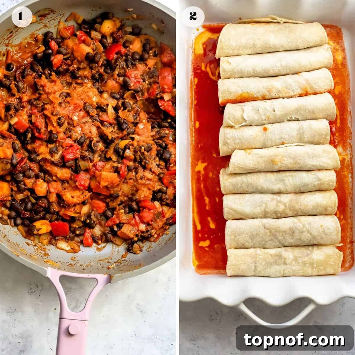 Smoky Butternut Squash Enchiladas 4 A large skillet filled with the vibrant, cooked butternut squash and black bean enchilada filling.