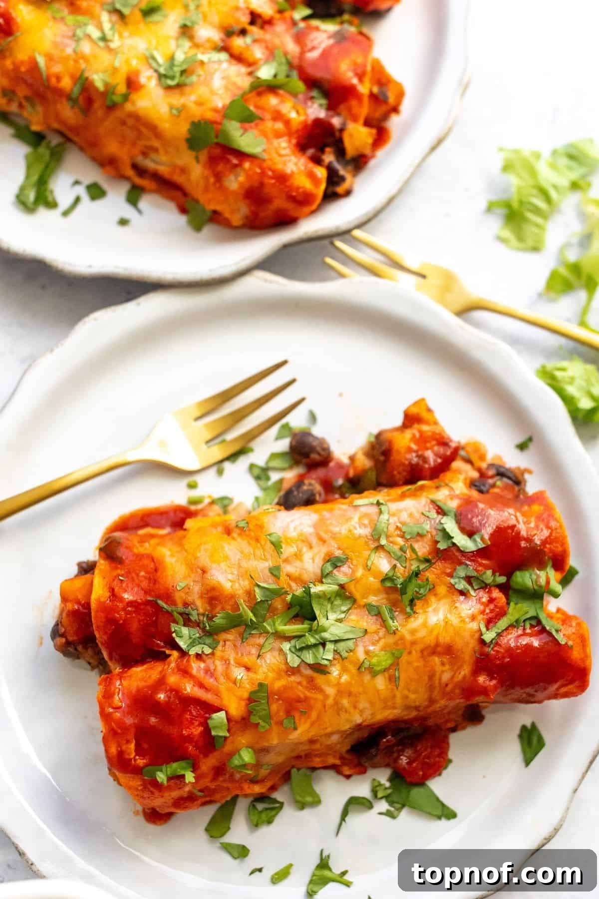 Smoky Butternut Squash Enchiladas 6 A close-up of a serving of vegetarian enchiladas on a white plate, highlighting the melted cheese and rich sauce, with a gold fork.