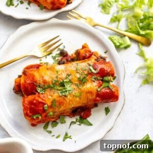 Smoky Butternut Squash Enchiladas 7 Vegetarian enchiladas on a plate with a gold fork.