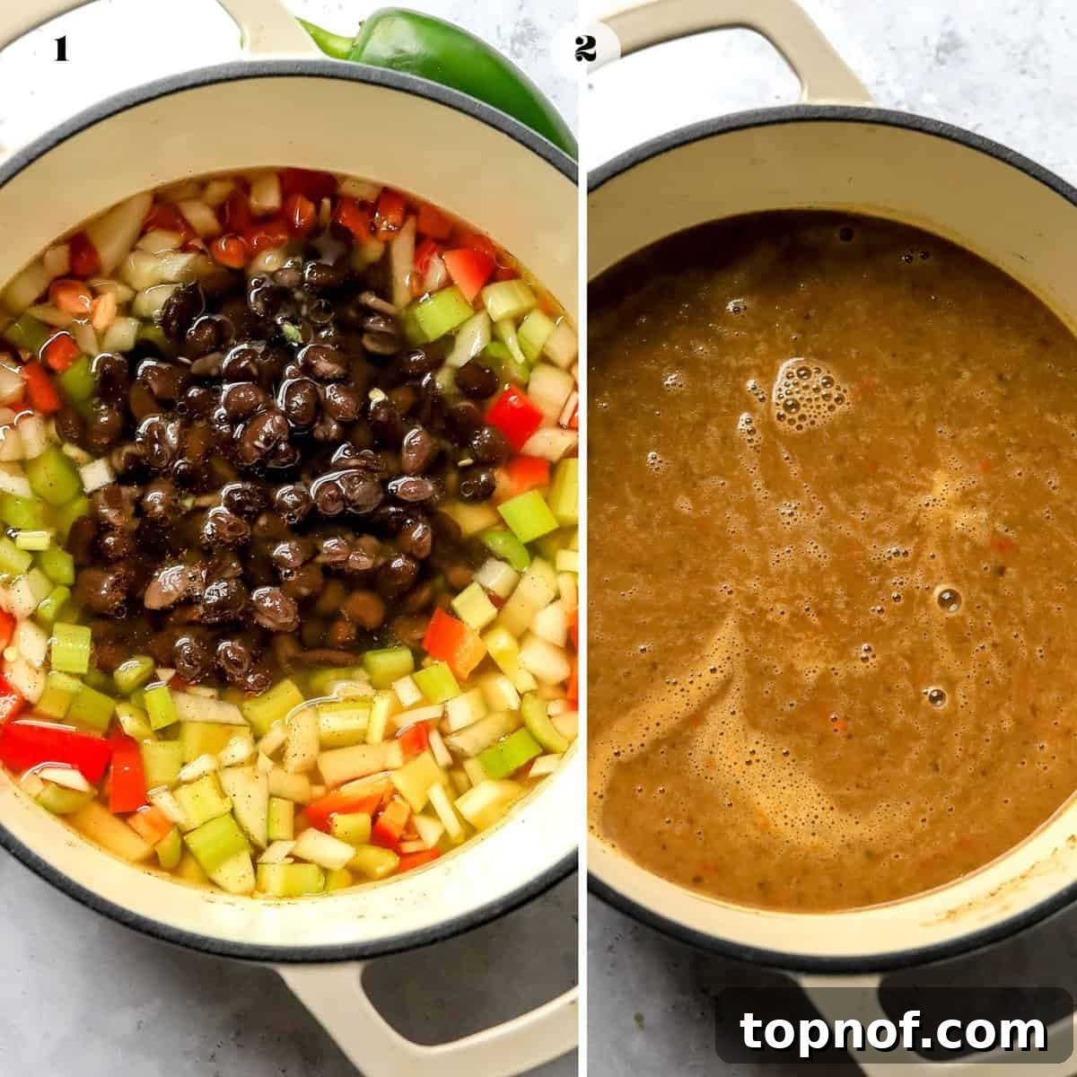 Rich Black Bean Comfort 4 A ceramic grey pot of delicious black bean soup simmering on a stovetop, ready for the next step in its preparation.