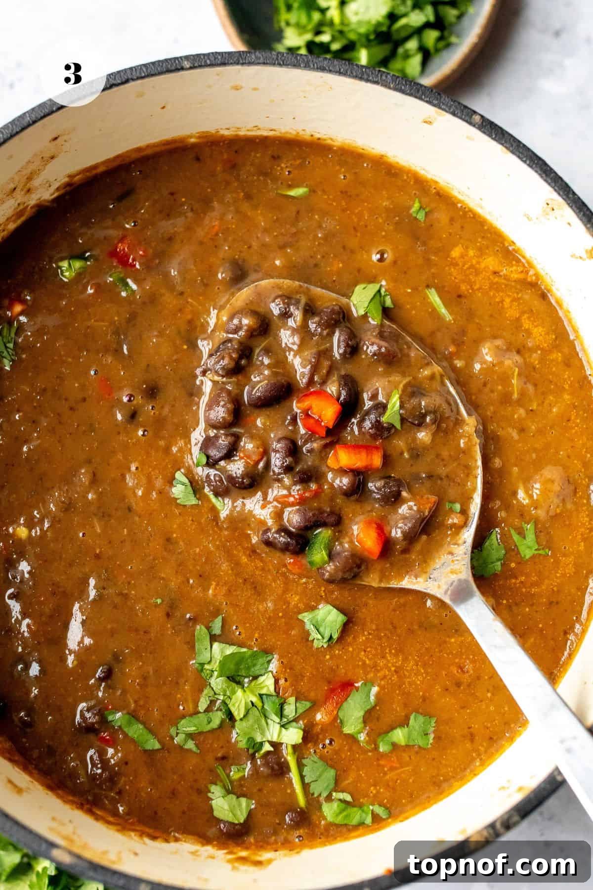 Rich Black Bean Comfort 5 A large soup pot filled with creamy black bean soup, garnished with fresh cilantro and a serving spoon, showcasing its rich texture.
