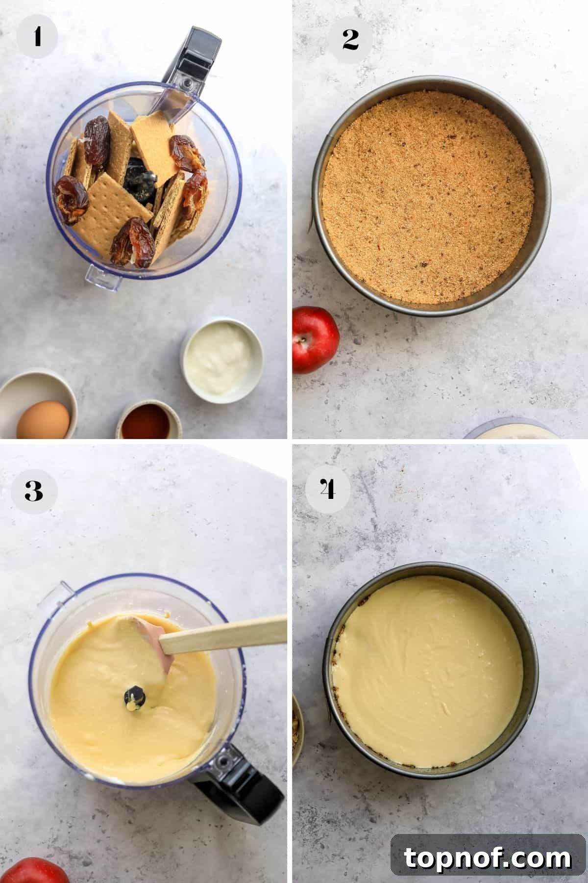 Guilt-Free Protein Cheesecake 4 Food processor with graham cracker, dates, and butter mixture, illustrating step one of cheesecake crust preparation.