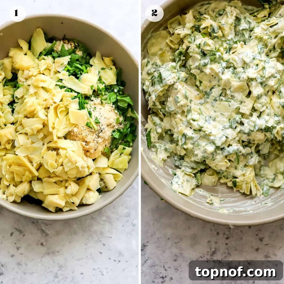 Step-by-step image showing mixed spinach and artichoke dip filling in a bowl with fresh ingredients on the side.