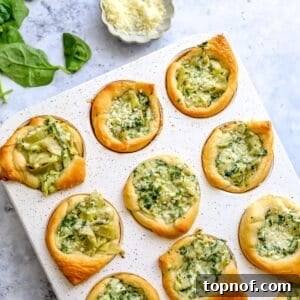 White muffin tin with Spinach Artichoke Bites, a close-up photo of the baked appetizers.