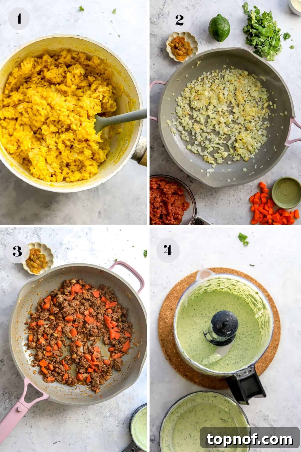 Gilded Grain 4 Detailed step-by-step images showing the cooking process of Golden Rice Bowls, including rice simmering in a pot and ground beef sautéing in a skillet, illustrating key stages of the recipe.