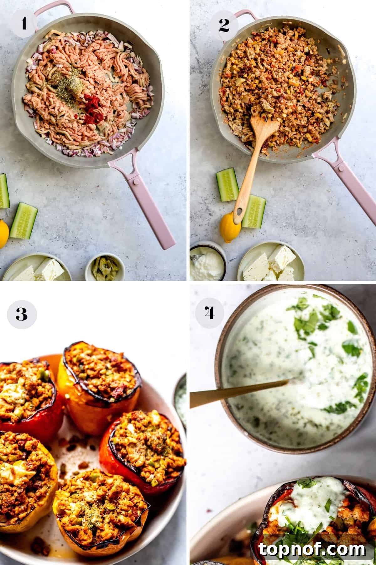 Zesty Mediterranean Turkey Stuffed Peppers 4 Step-by-step image of ground turkey mixture being cooked in a skillet.