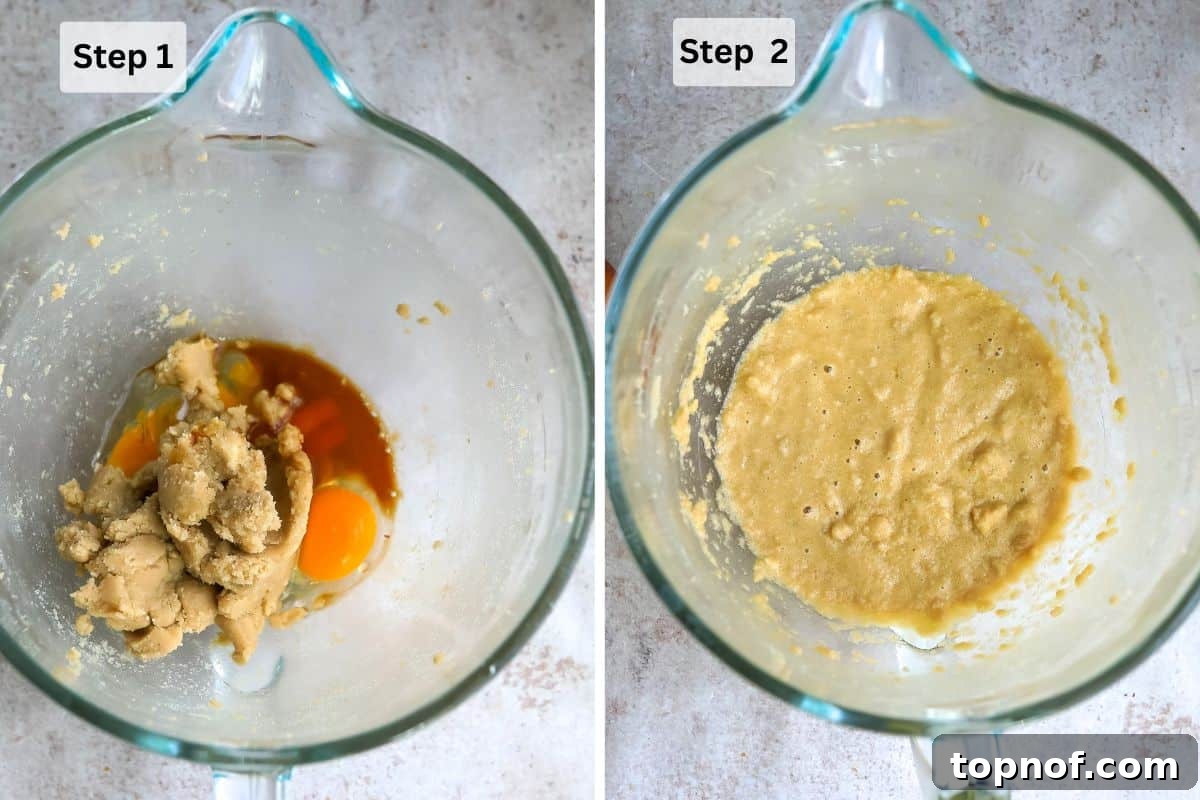 Warm Apple Cinnamon Muffins 4 A visual collage illustrating the initial steps of making apple spice muffins: softened butter and sugars being creamed in a bowl, followed by the addition of eggs, vanilla, and chopped apples, all mixed into a cohesive wet batter.