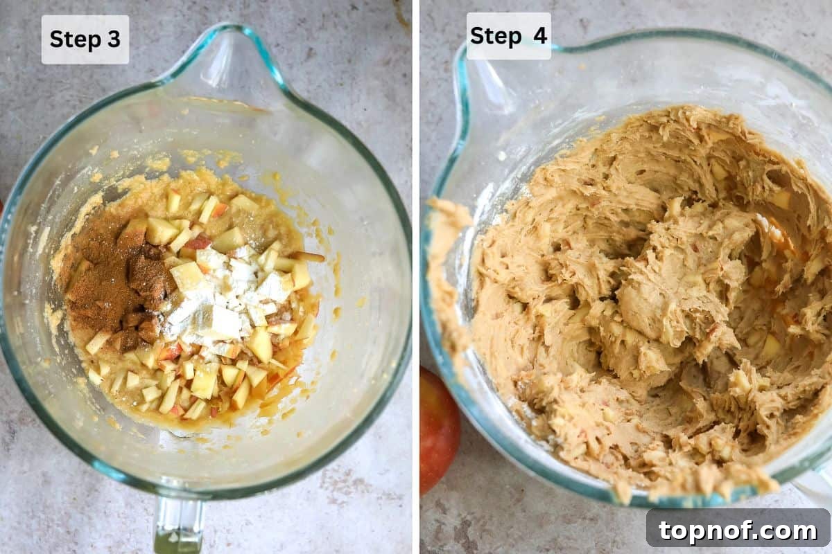 Warm Apple Cinnamon Muffins 5 A visual collage demonstrating the combination of dry and wet ingredients for apple muffins: first, the spices and flour are added to the bowl with apples and wet mixture, and then the complete, thick muffin batter is shown, ready for baking.