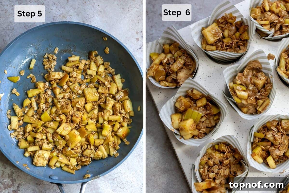 Warm Apple Cinnamon Muffins 6 A visual collage demonstrating the preparation of the streusel topping: first, all streusel ingredients are mixed in a skillet, and then the completed crumb topping is generously sprinkled over the raw apple muffin batter in a baking pan.