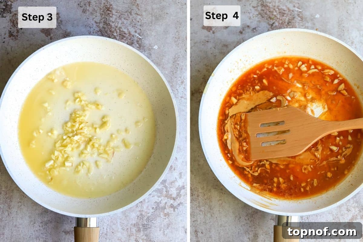 Skillet with butter and honey sriracha  in it and a mixing spoon.