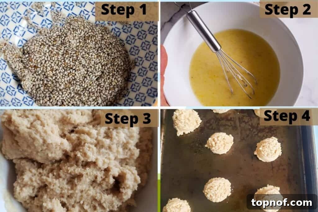 Perfect Plant-Based Snickerdoodles 4 A visual guide showing the step-by-step process of making vegan snickerdoodles: from preparing the chia egg, mixing wet ingredients, combining wet and dry, to scooping dough balls onto a baking sheet.