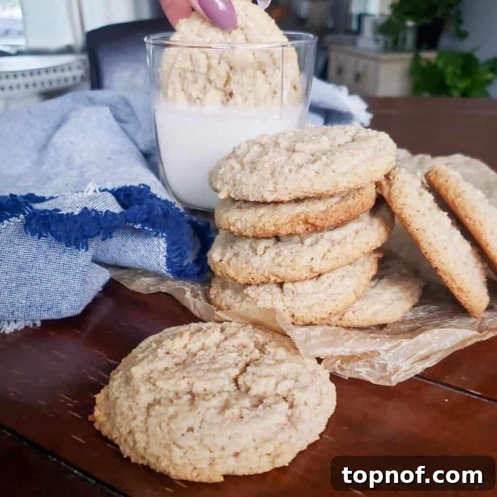 Perfect Plant-Based Snickerdoodles 5 Close-up photo of a finished vegan snickerdoodle cookie being gently dunked into a glass of almond milk, highlighting its soft, chewy texture.