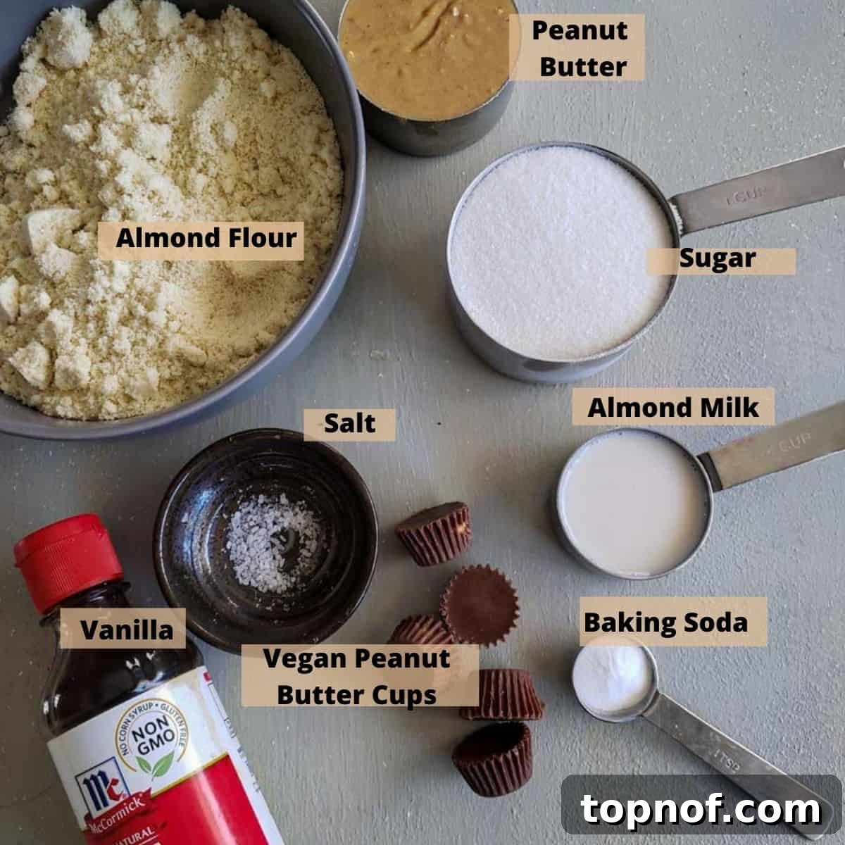 Plant-Based Peanut Butter Choc Chip Bliss 3 All the ingredients for this vegan peanut butter cookie recipe laid out on a grey board: Almond Flour, natural peanut butter, almond milk, sugar, sea salt, vanilla extract, and baking soda.