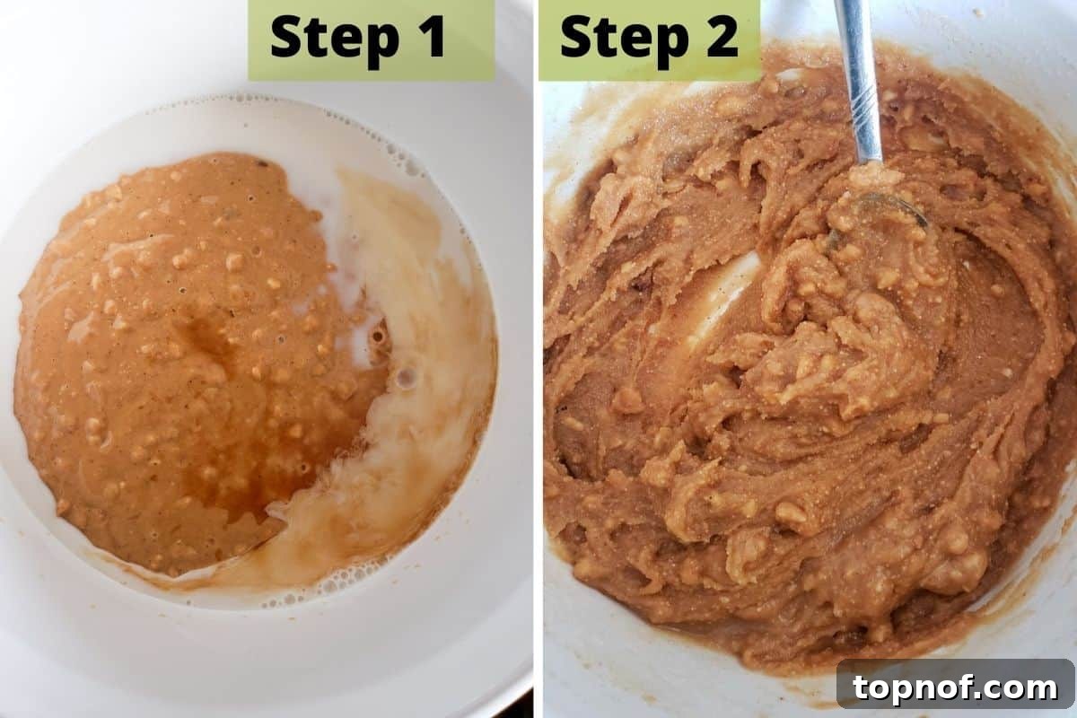 Plant-Based Peanut Butter Choc Chip Bliss 4 Step 1: Combine peanut butter, almond milk, and vanilla in a large bowl and mix. Step 2: Add sugar to the wet mixture and stir until thick.