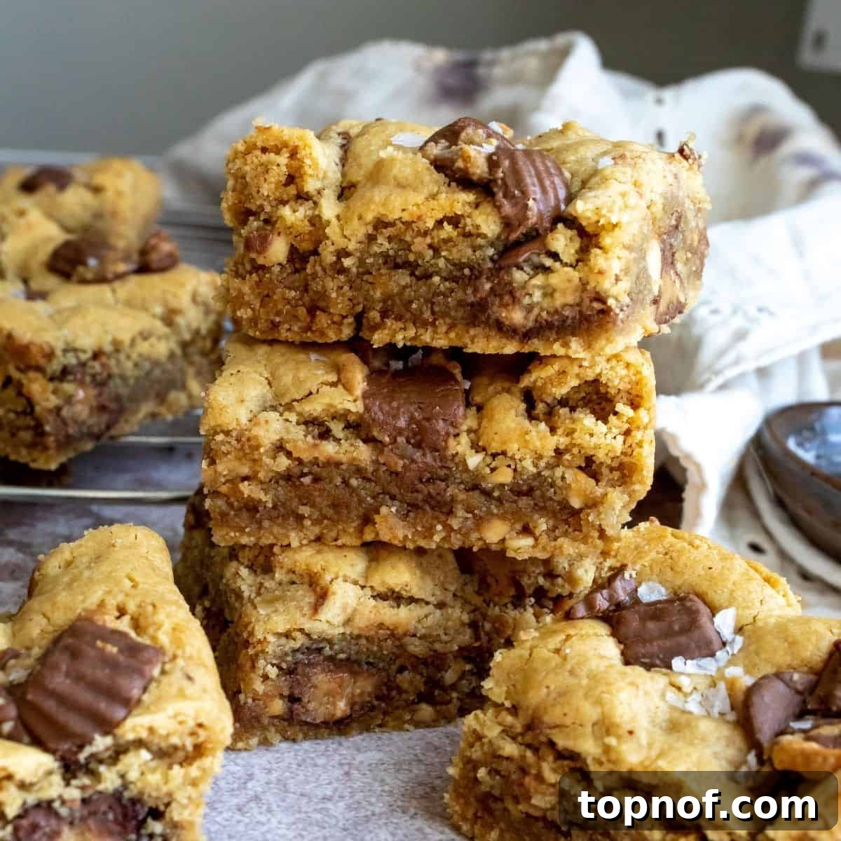 Plant-Based Peanut Butter Choc Chip Bliss 6 Up close photo of rich, vegan peanut butter cookie bars, topped with melted chocolate and chopped peanuts.