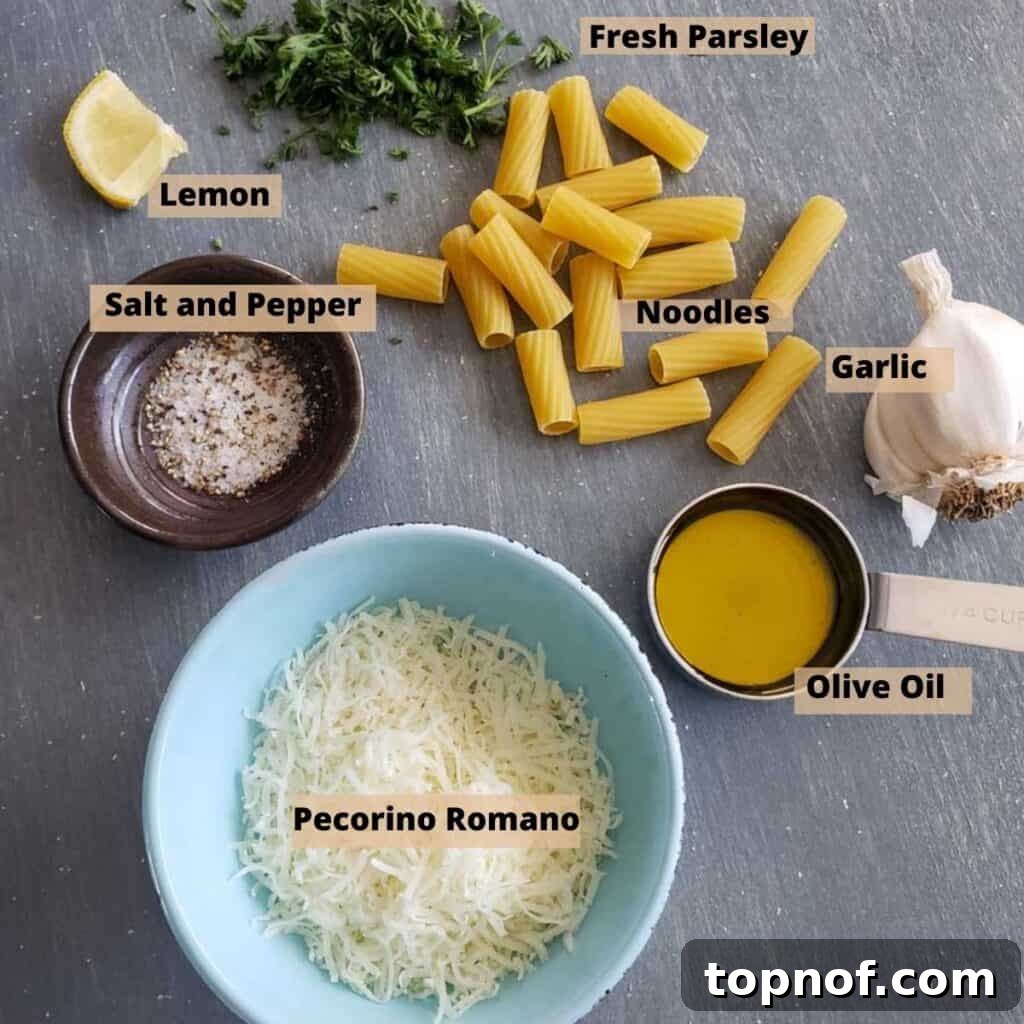 Roman Cheese and Pepper Pasta 3 All the ingredients needed for the Healthier Cacio e PePe. Pasta, salt and pepper, garlic, olive oil, pecorino, lemon, parsley.