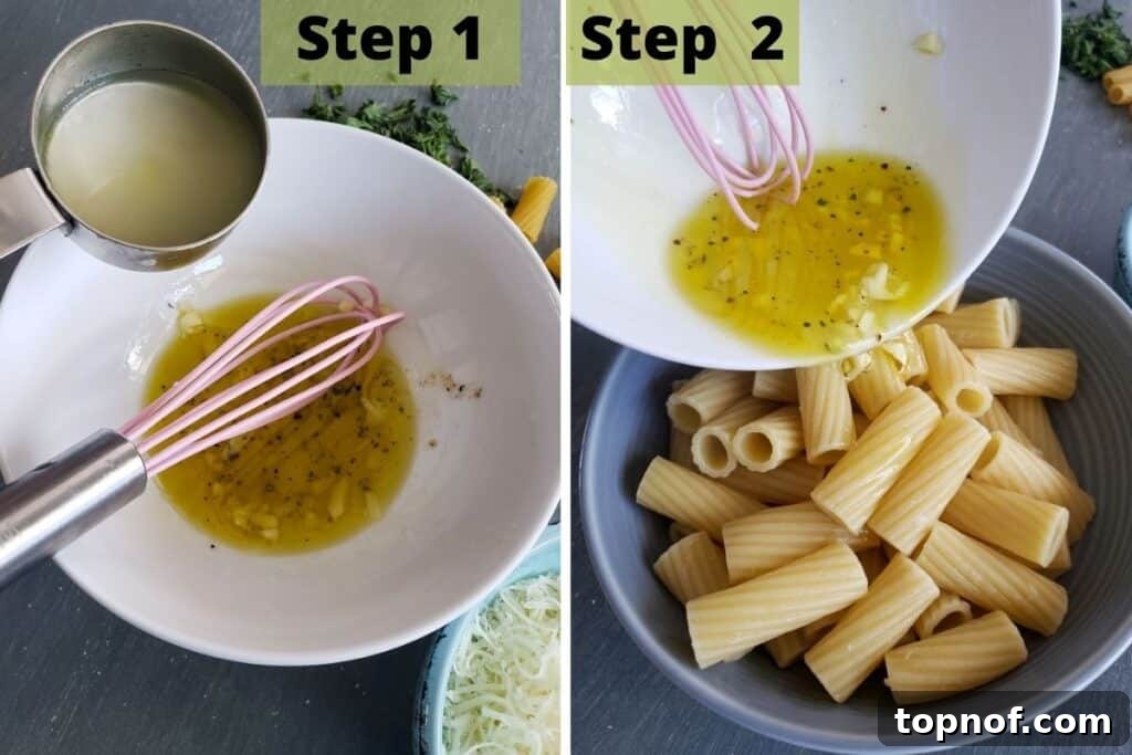 Roman Cheese and Pepper Pasta 4 Step 1 showing pasta water being poured into olive oil mixture. Step two showing mixture being poured over finished pasta.