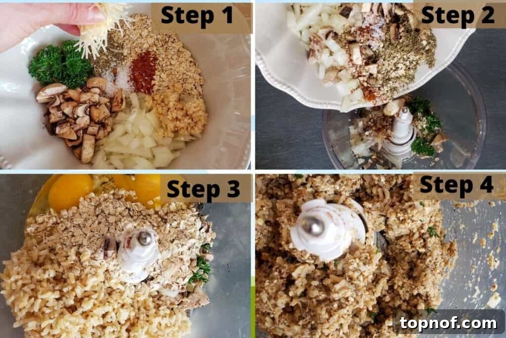 Wholesome Veggie Poppers 4 A visual collage showing the step-by-step process of making vegetarian meatballs: chopping vegetables, mixing ingredients in a bowl, processing in a food processor, forming balls on a baking sheet, and the finished baked meatballs.