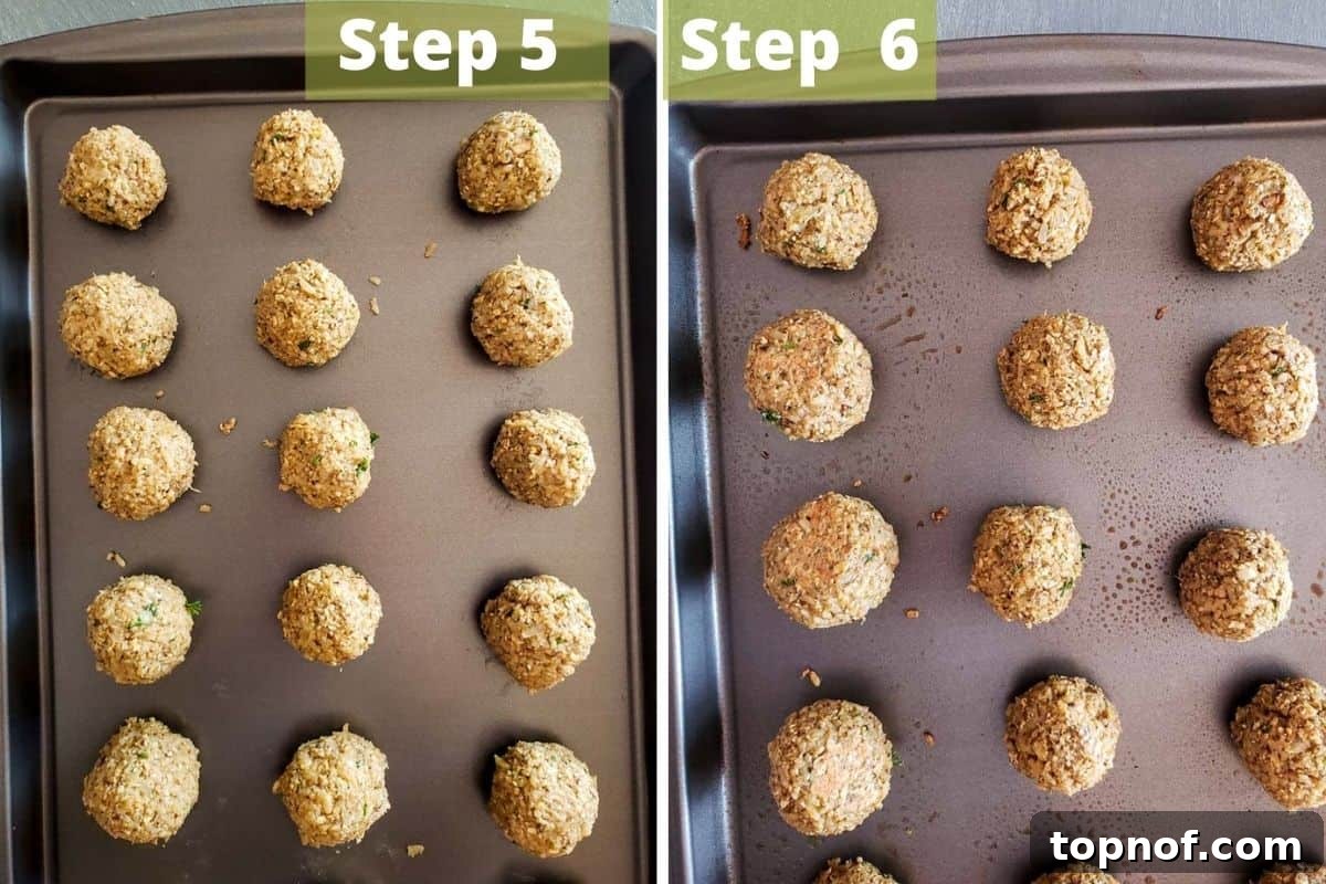 Wholesome Veggie Poppers 5 Two stages of vegetarian meatballs: a baking sheet filled with raw, unbaked veggie balls ready for the oven, and another plate showing golden brown, perfectly baked veggie balls, highlighting the transformation from raw to cooked.