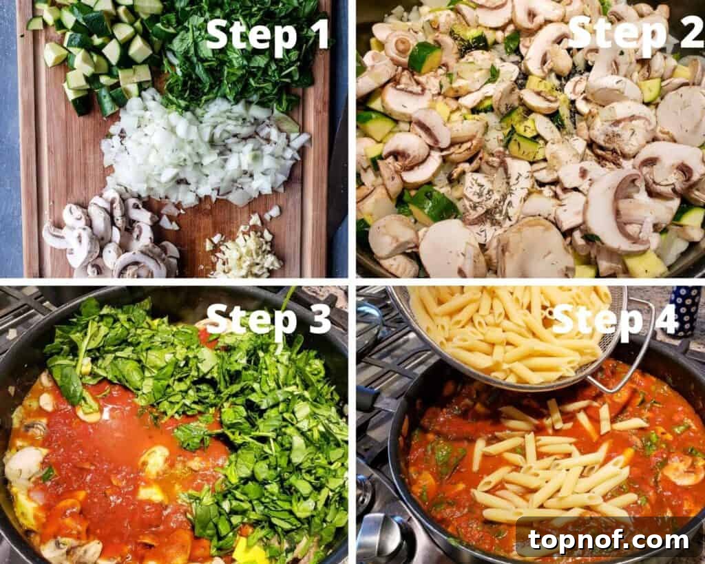 A step-by-step visual guide to making the vegetarian pasta bake, showing cooked pasta being combined with sautéed vegetables and sauce in a pan.