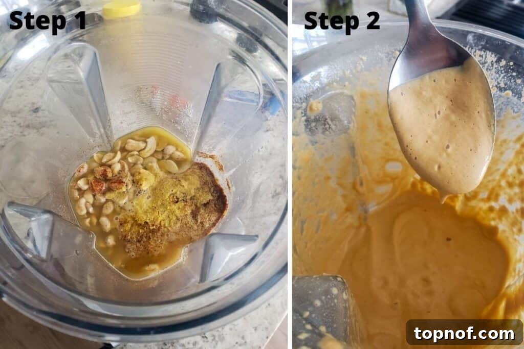 Vegan Rotel Queso 4 Steps to make vegan queso, showing soaked cashews and the blending process.