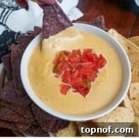Vegan Rotel Queso 6 A bowl of creamy vegan queso, garnished with fresh herbs.