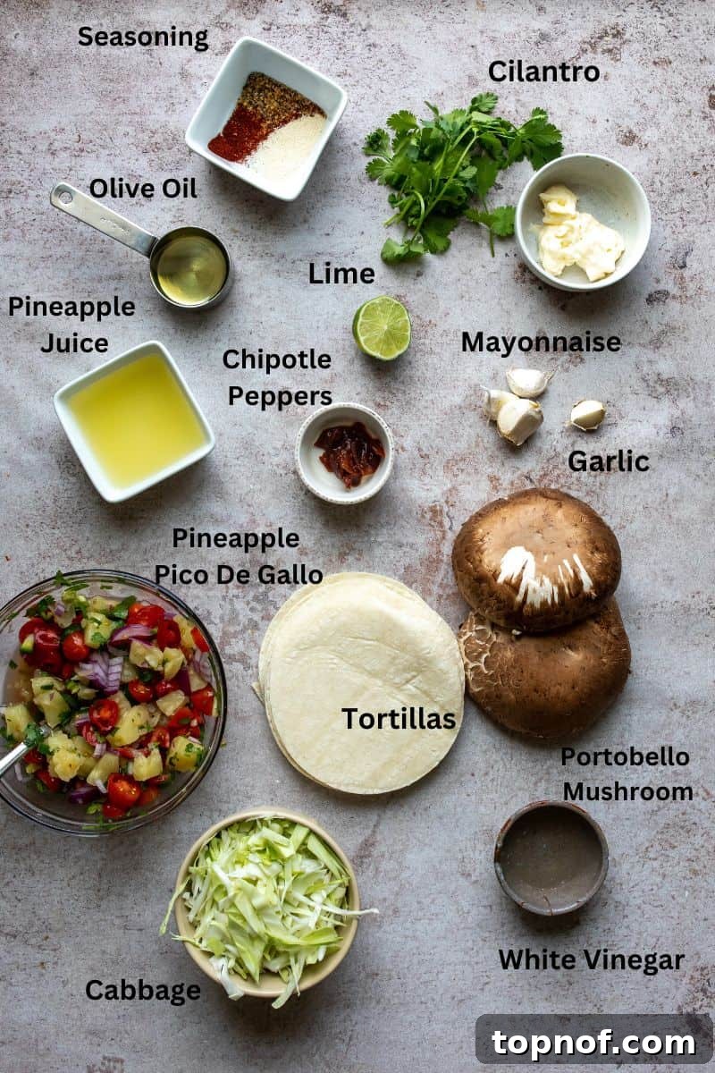 Umami Mushroom Asada Tacos 3 Fresh ingredients laid out for Mushroom Asada Tacos, including mushrooms, pineapple, and seasonings.