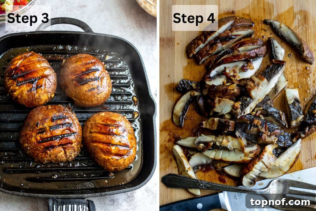 Umami Mushroom Asada Tacos 5 Grilled portobello mushrooms sliced into strips, ready for tacos.