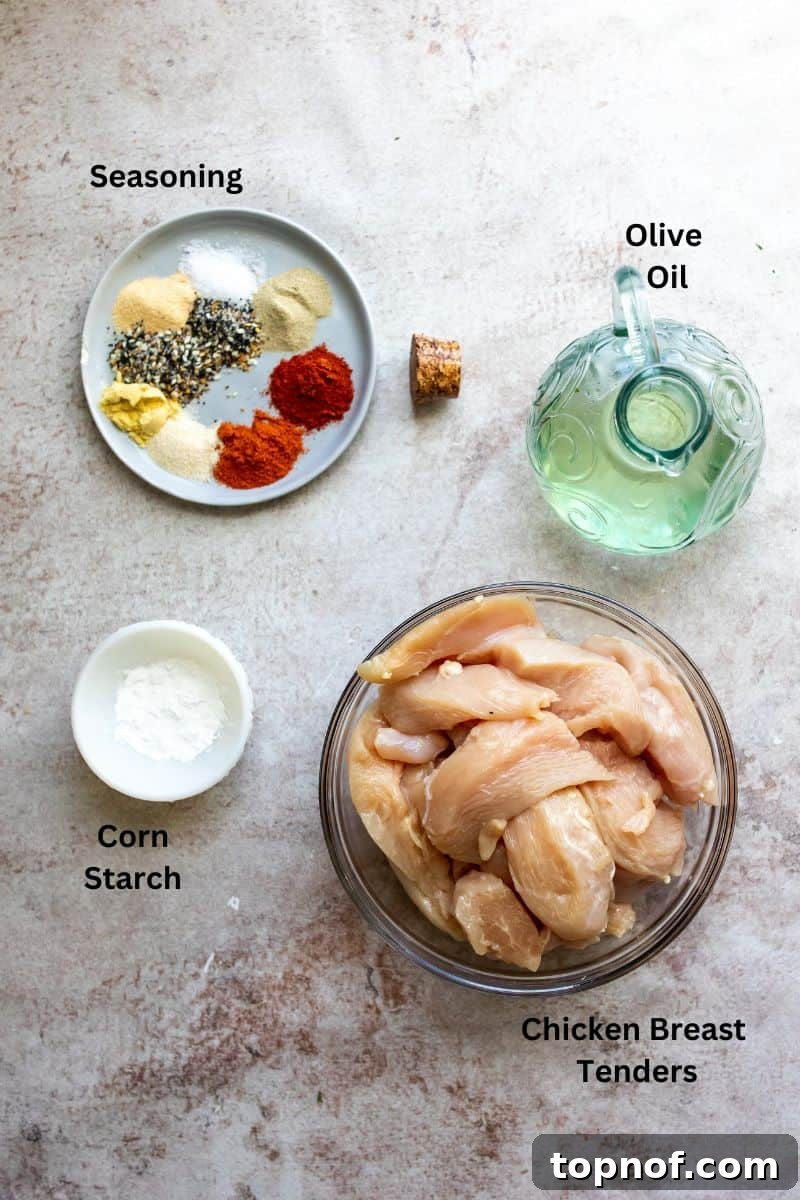 Pure Chicken Tenders 3 Ingredients needed to make Naked Chicken Tenders, displayed on small plates for clarity.