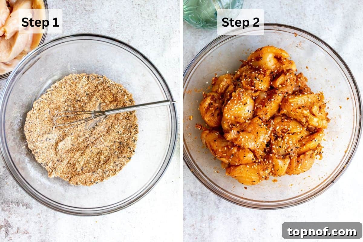 Pure Chicken Tenders 4 Steps to make Naked Chicken Tenders, showing chicken pieces being seasoned in a clear bowl.