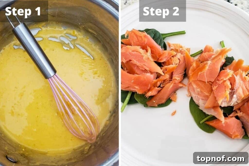 Nordic Benedict 4 A visual sequence demonstrating the key steps to prepare Smoked Salmon Eggs Benedict, starting with the creamy hollandaise, followed by precise egg poaching, and finally the artful assembly of the dish.