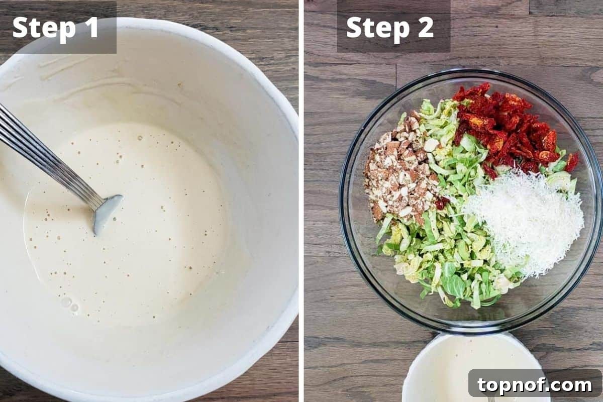 Brussels Ribbon Salad 4 Step-by-step image showing prepped ingredients for shaved brussels sprout salad combined in a large bowl before dressing is added.