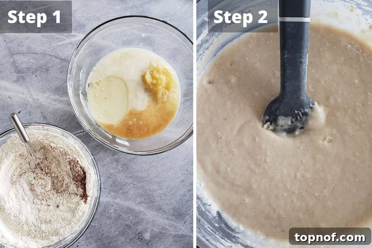 A visual guide showing the steps to prepare the vegan apple cake, from mixing to baking.