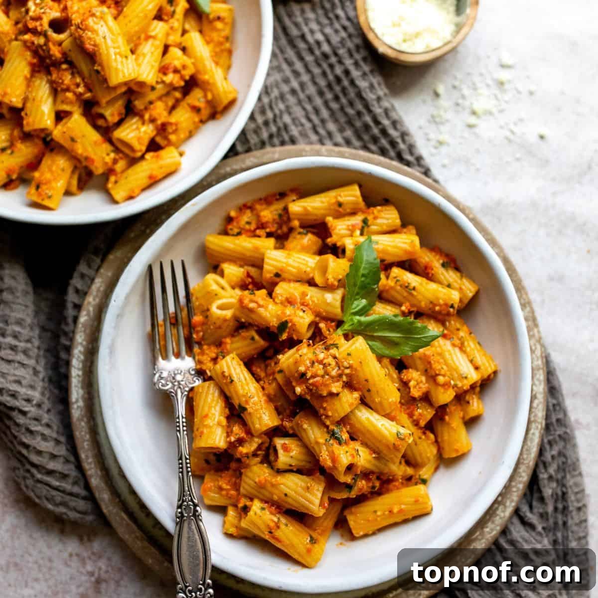 Roasted Red Pepper Pesto 6 Two pristine white bowls, each holding a generous serving of red pepper pesto pasta, adorned with a fresh sprig of basil and a silver fork, inviting to eat.
