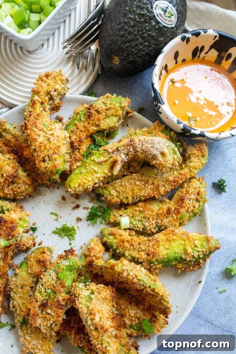 Oven-Crisped Avocado Fries 4 Crispy baked avocado fries elegantly presented on a plate next to a small bowl of dipping sauce.