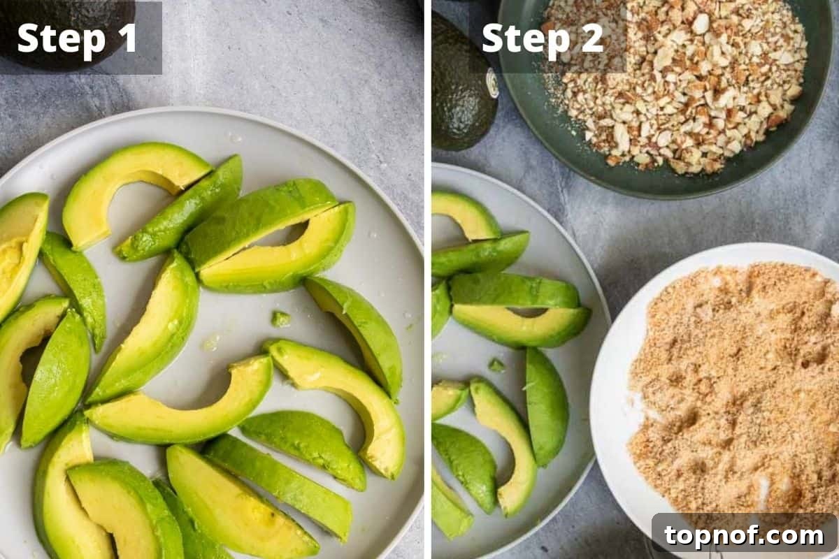 Oven-Crisped Avocado Fries 5 A visual guide showing the steps to prepare avocado fries, from slicing to coating.