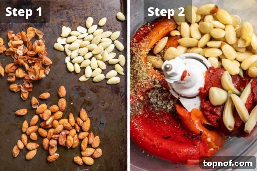 Simple Roasted Red Pepper Dip 4 Ingredients being blended in a food processor to create a smooth red pepper dip.