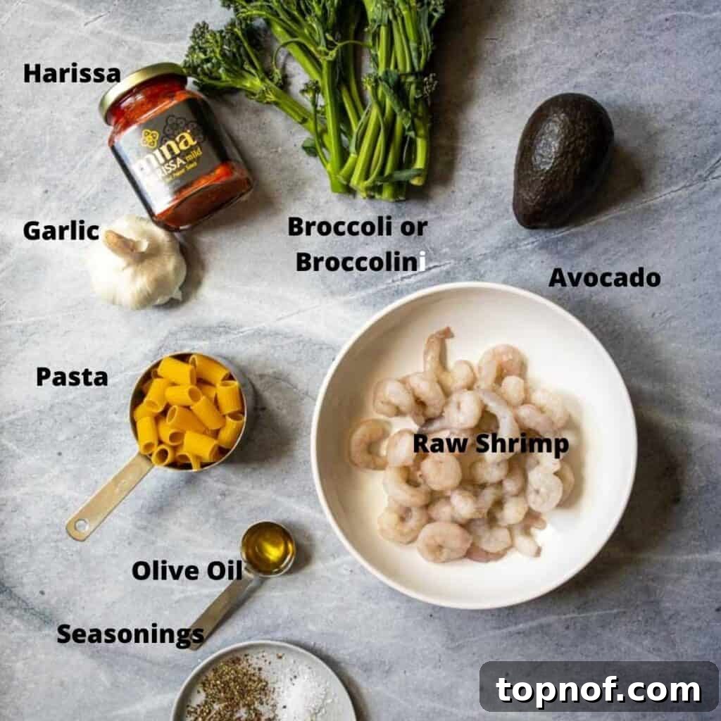 Fiery Harissa Pasta 3 Ingredients for shrimp and pasta recipe spread out on a counter. This visual guide shows raw shrimp, olive oil, harissa paste, various seasonings, fresh garlic, broccolini, and a ripe avocado, all ready for preparation.